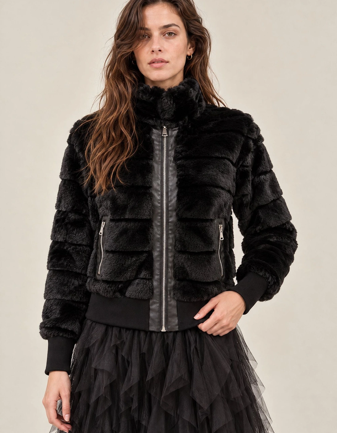 Black Panelled Faux Fur Jacket