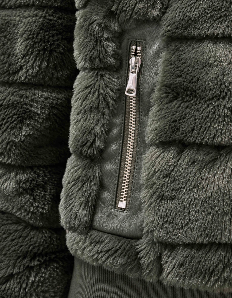 Green Panelled Faux Fur Jacket