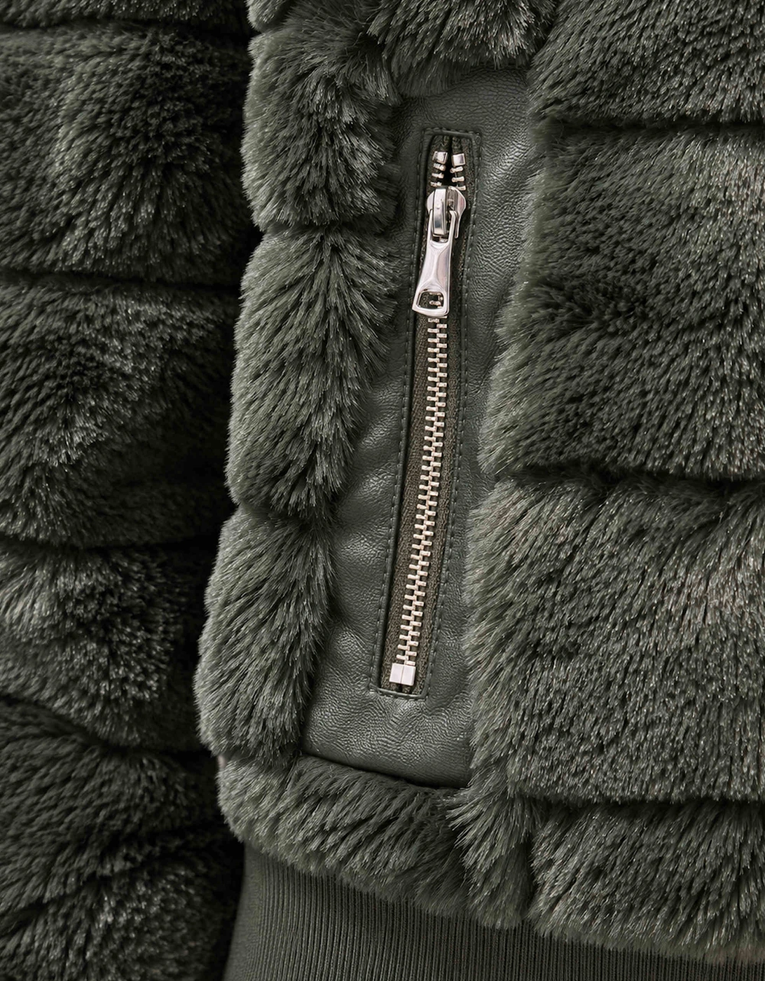 Green Panelled Faux Fur Jacket