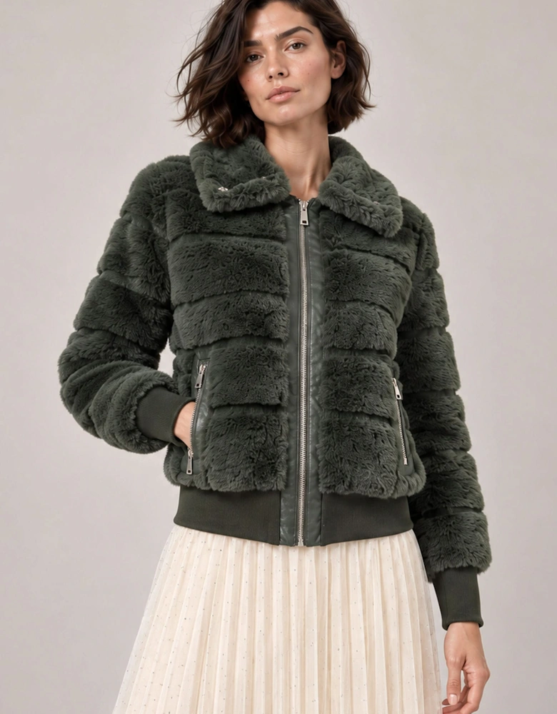 Green Panelled Faux Fur Jacket
