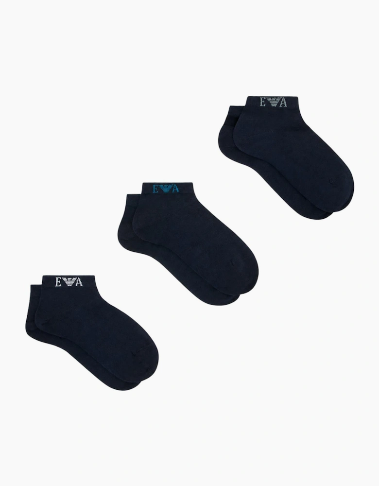 Cotton 3-Pack Monogram Eagle Logo Navy Ankle Socks