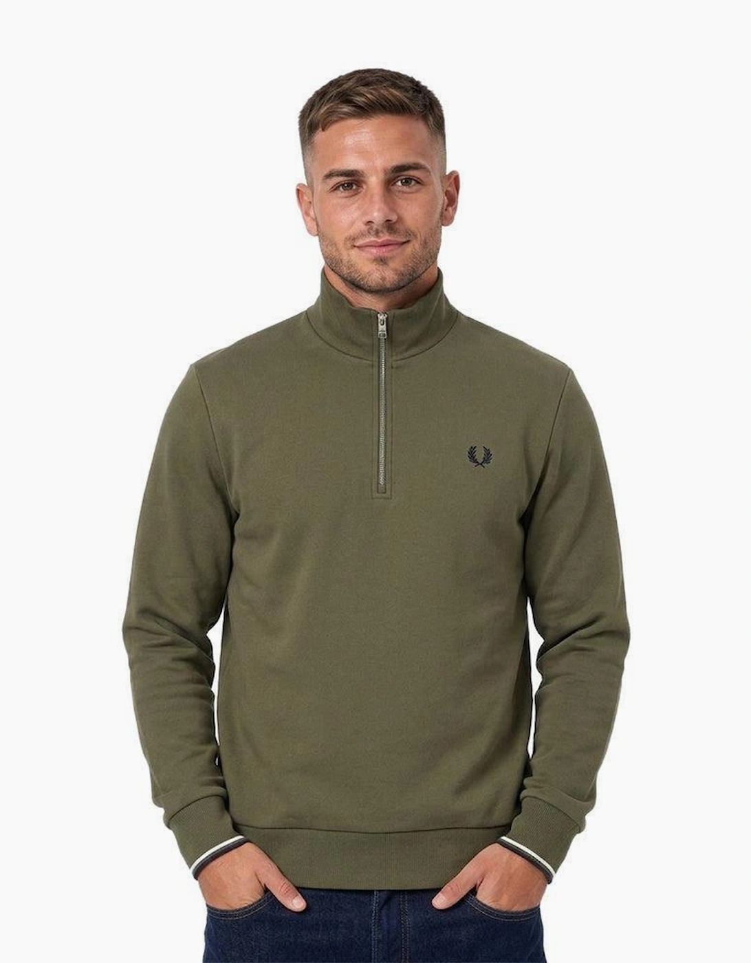Fred Perry Half Zip Sweatshirt Laurel Wreath Green/Slate/Navy