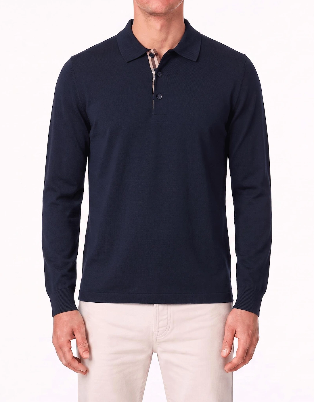 Burberry 'Hartford' Long Sleeved Check Placket Polo-Shirt Navy