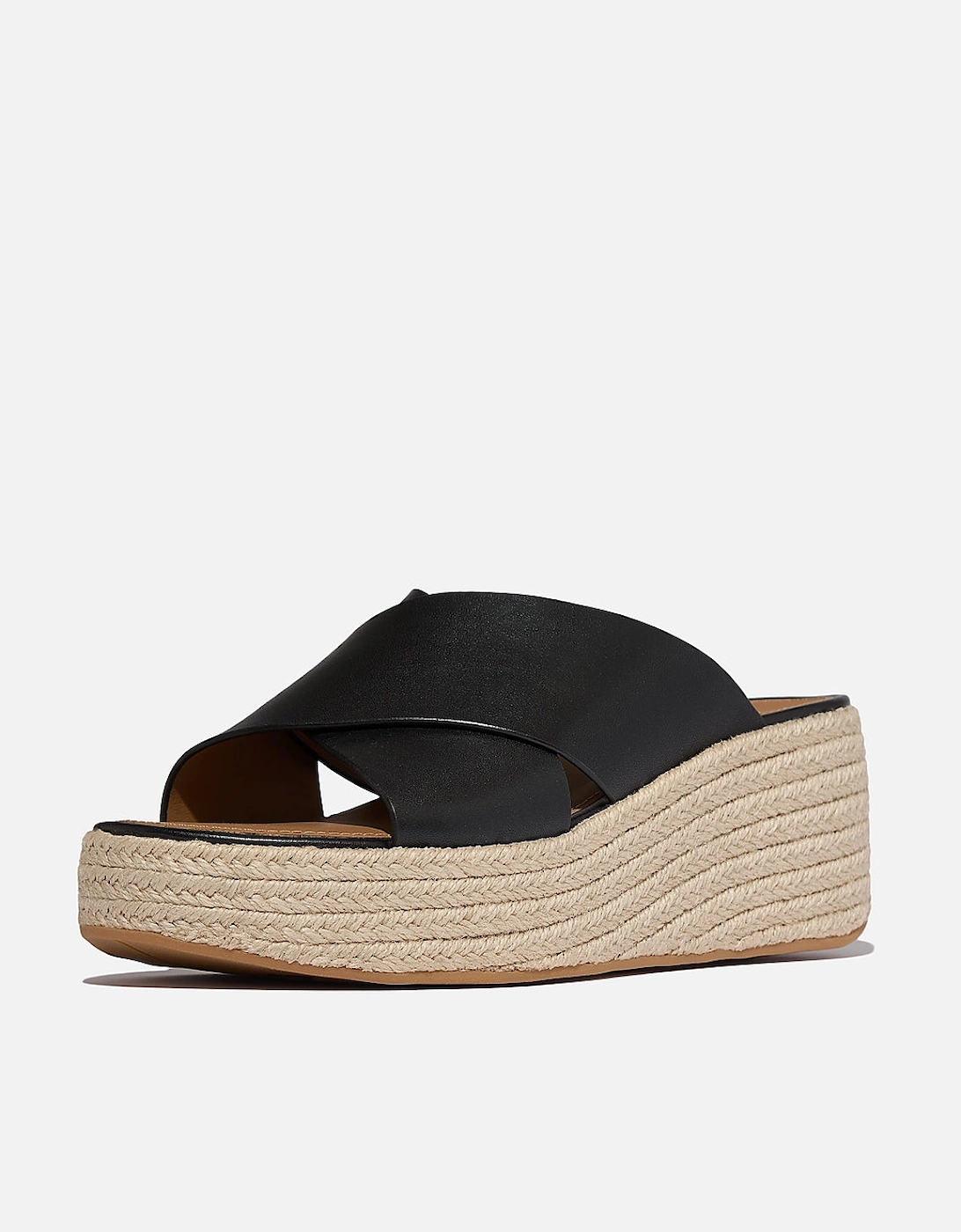 FitFlop Womens PLATFFORMS Espadrille Leather Wedge Cross Slides - Black 001