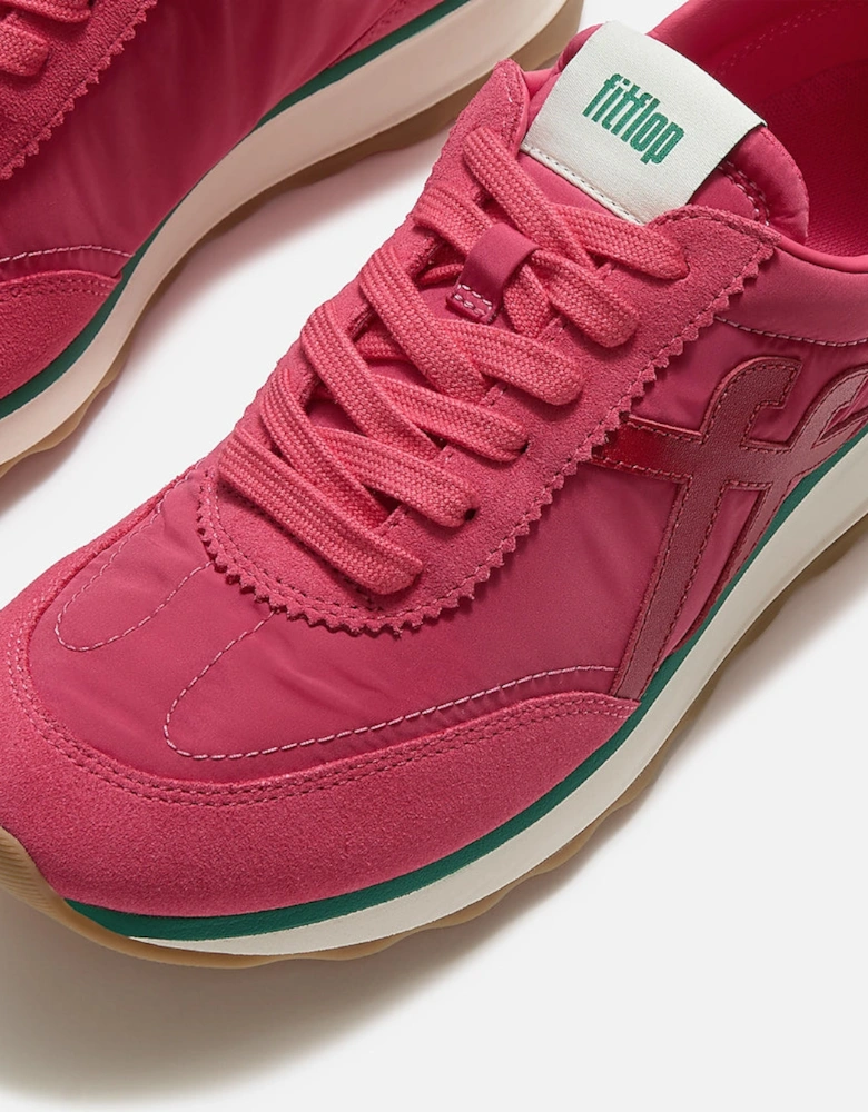 FitFlop Womens Retro-Q FF Fabric/Suede Trainers - Berry Rose/Marine Green E47