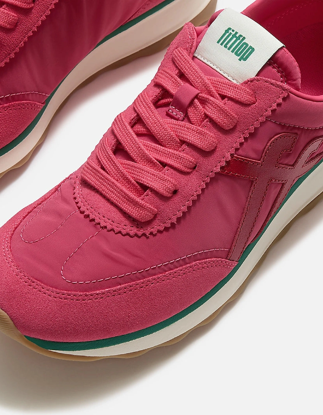 FitFlop Womens Retro-Q FF Fabric/Suede Trainers - Berry Rose/Marine Green E47