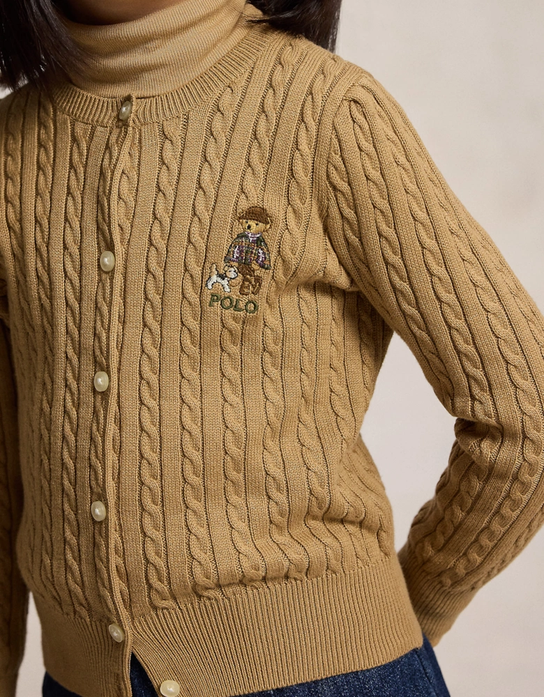 Ralph Lauren Girls Mini Cable Knit Bear Cardigan in Beige