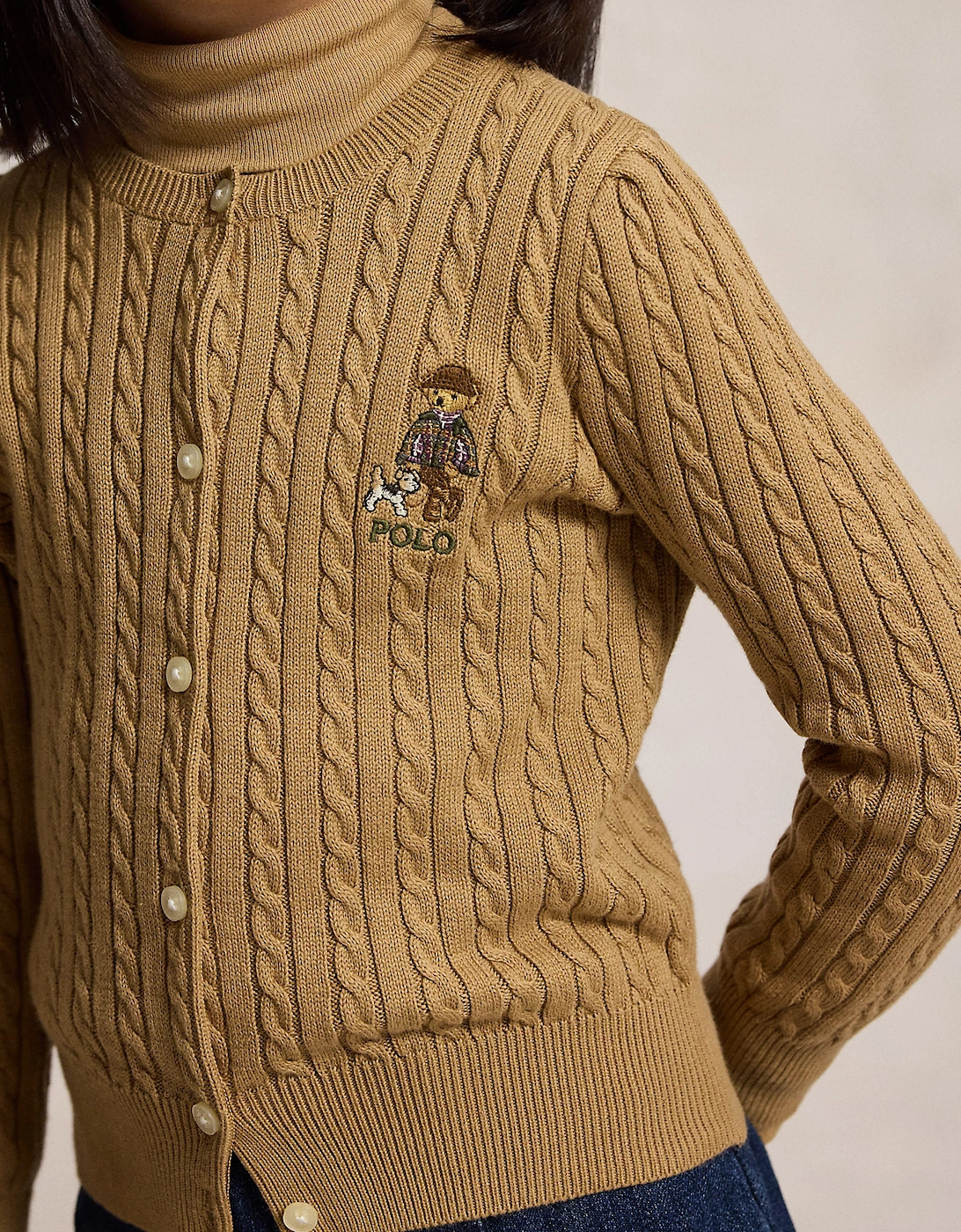 Ralph Lauren Girls Mini Cable Knit Bear Cardigan in Beige