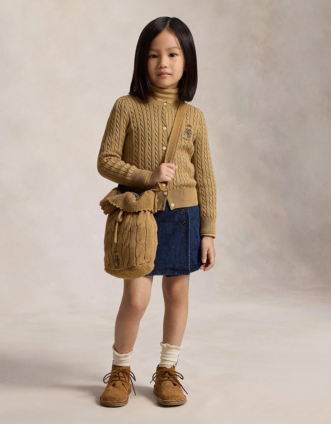 Ralph Lauren Girls Mini Cable Knit Bear Cardigan in Beige