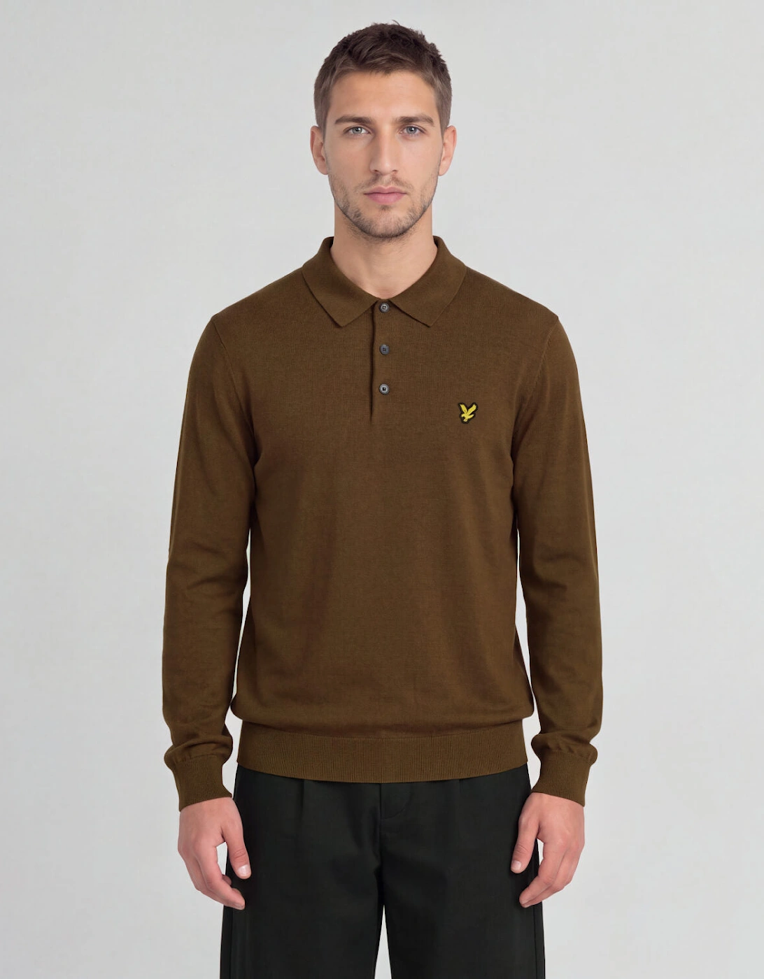 Lyle & Scott Cotton Merino Knit Longsleeved Polo Shirt, Sepia Brown - M - Image 4