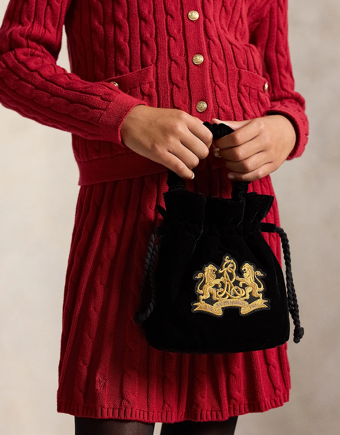 Ralph Lauren Girls Velvet Embroidered Logo Handbag in Black (20cm)