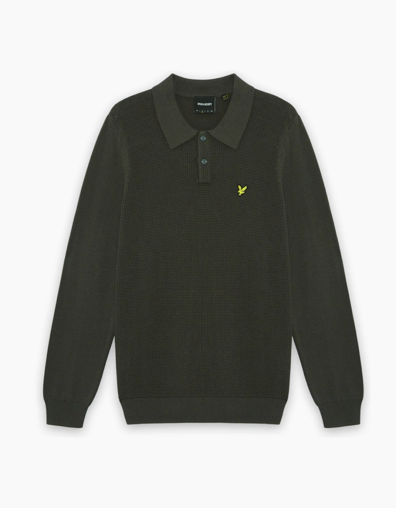 Waffle Knitted Long Sleeve Polo Shirt