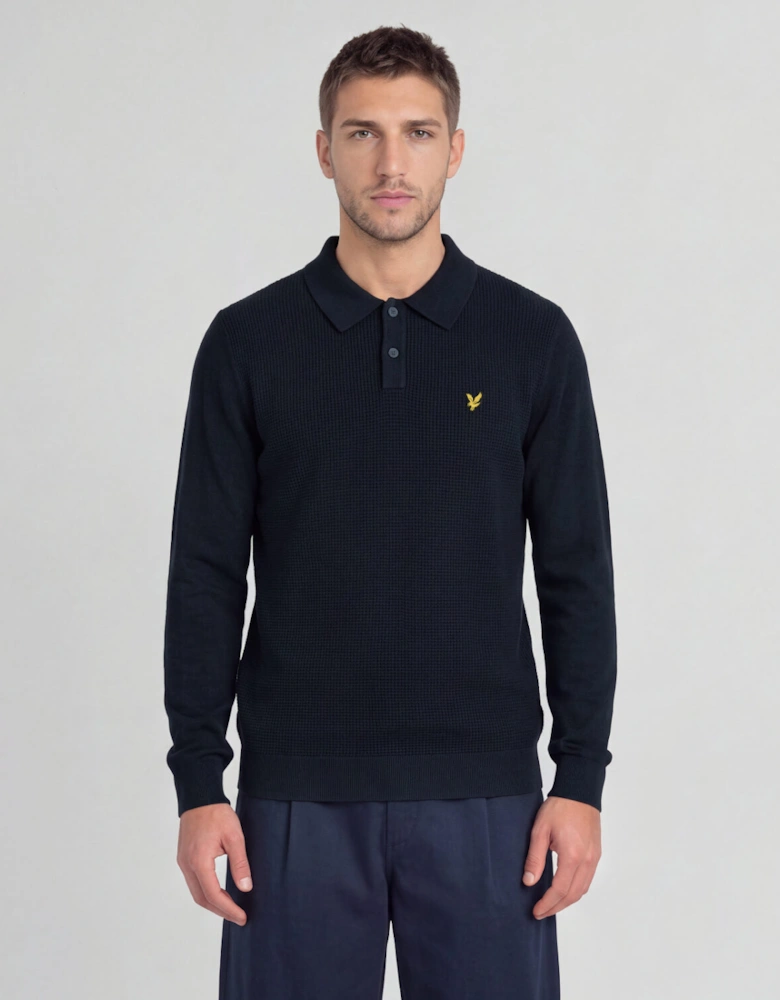 Waffle Knitted Long Sleeve Polo Shirt