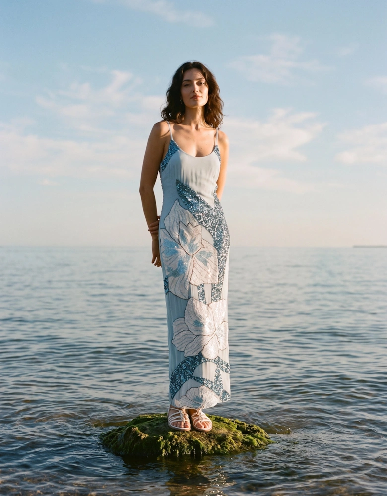 Delilah Beaded Dress Blue Oceanus x By Poppy in Stock