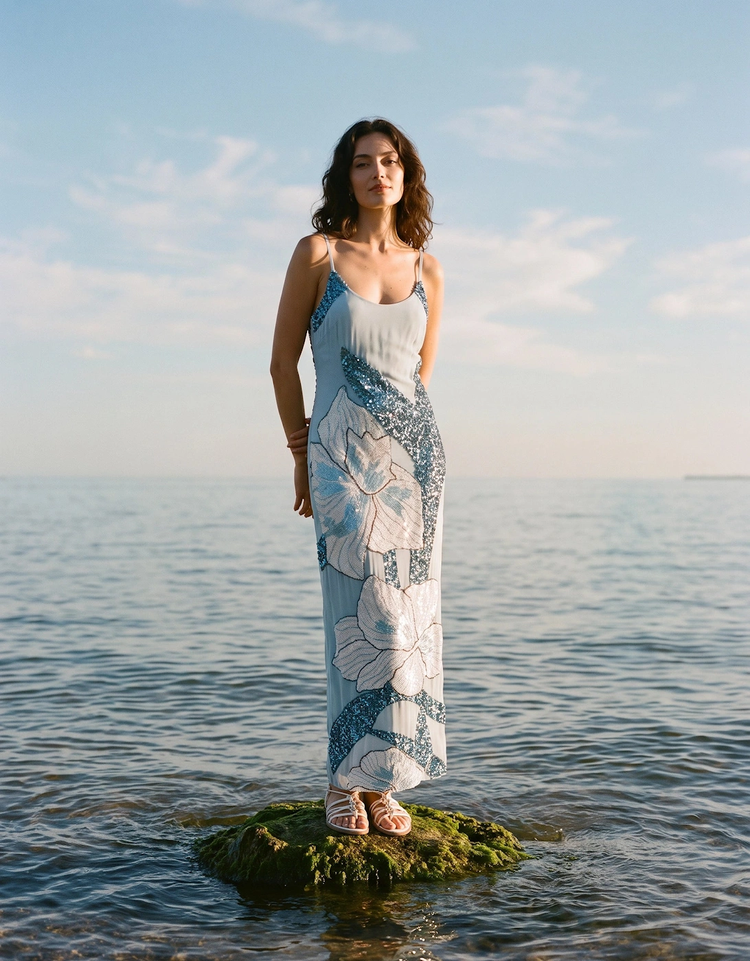 Delilah Beaded Dress Blue Oceanus x By Poppy in Stock
