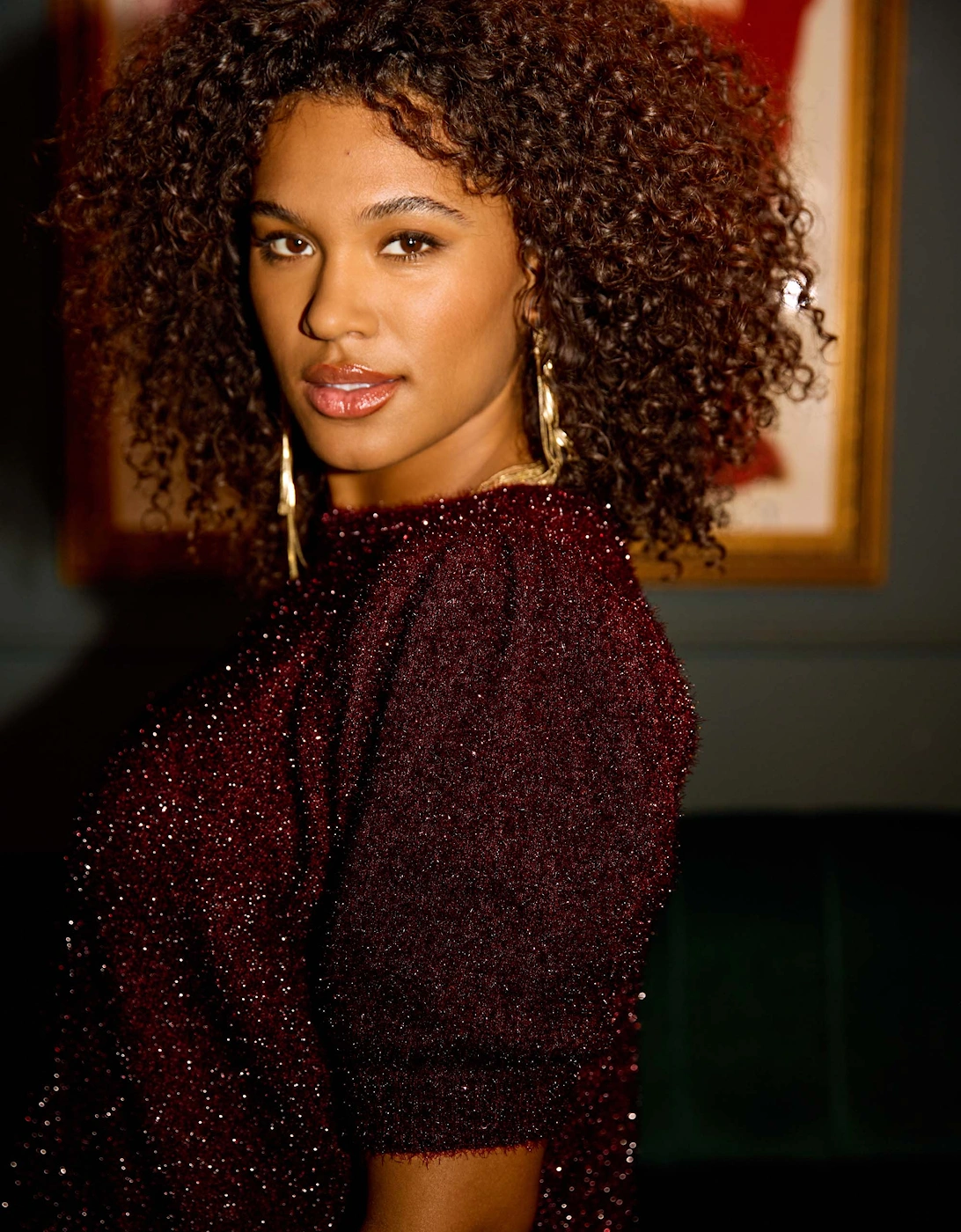 Burgundy Sparkle Knitted Short Sleeve Jumper
