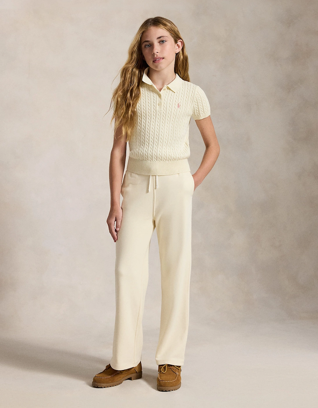 Ralph Lauren Girls Mini Cable Knit Polo Shirt in Ivory