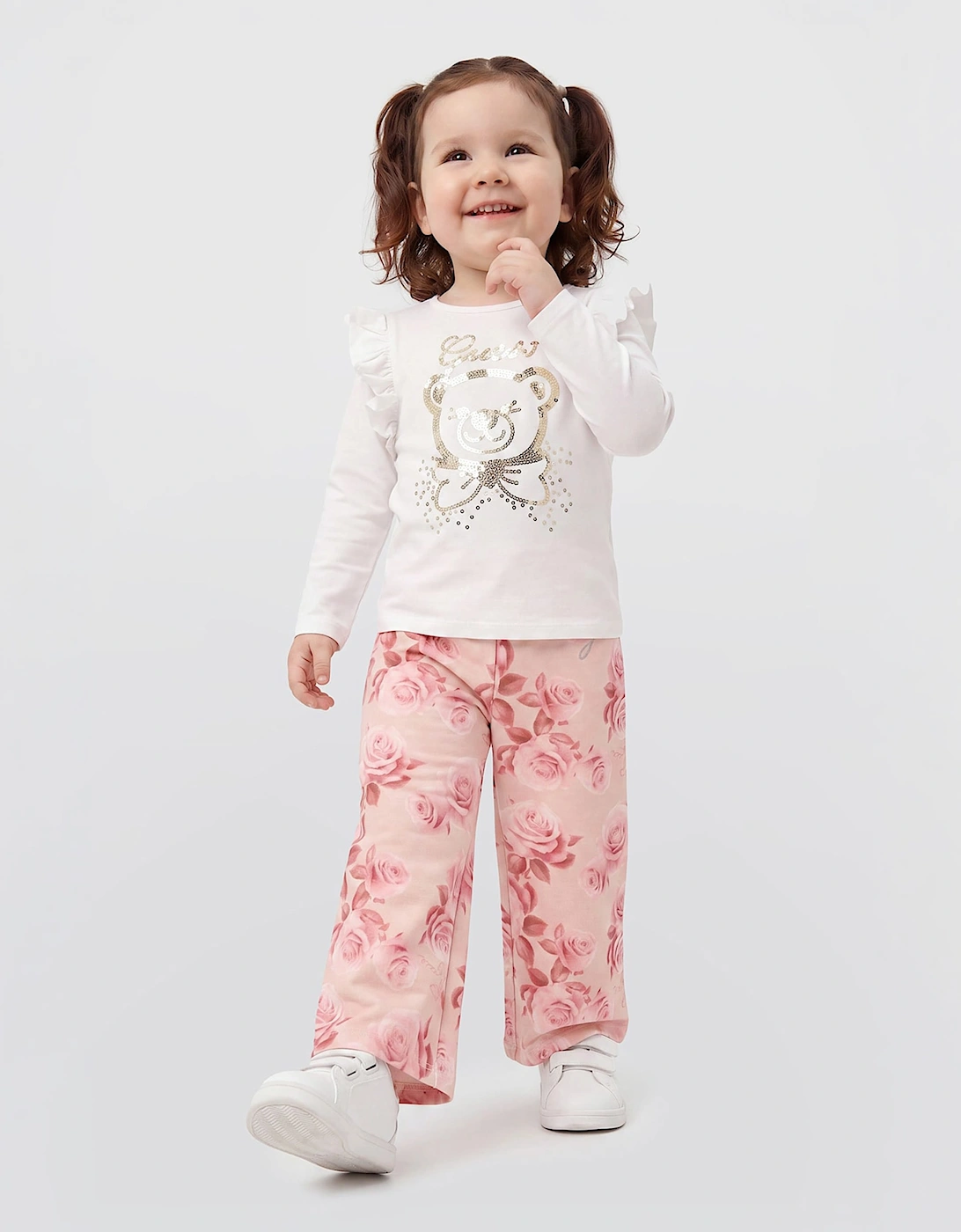 Guess Girls Long Sleeve Bear Logo T-Shirt in White