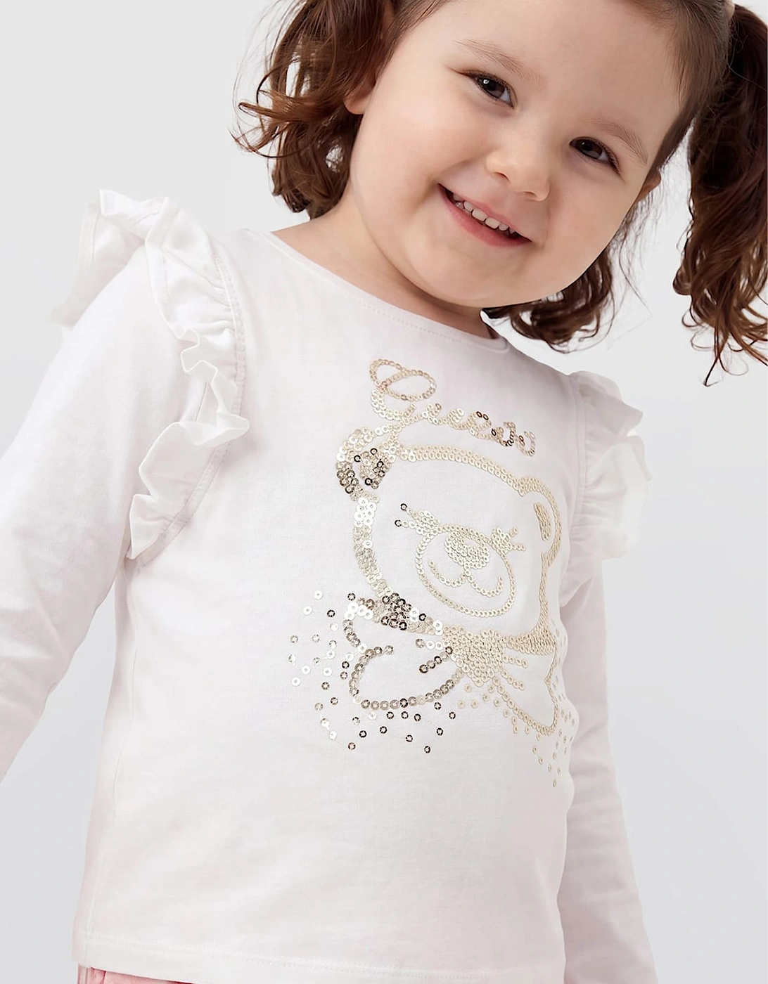Guess Girls Long Sleeve Bear Logo T-Shirt in White