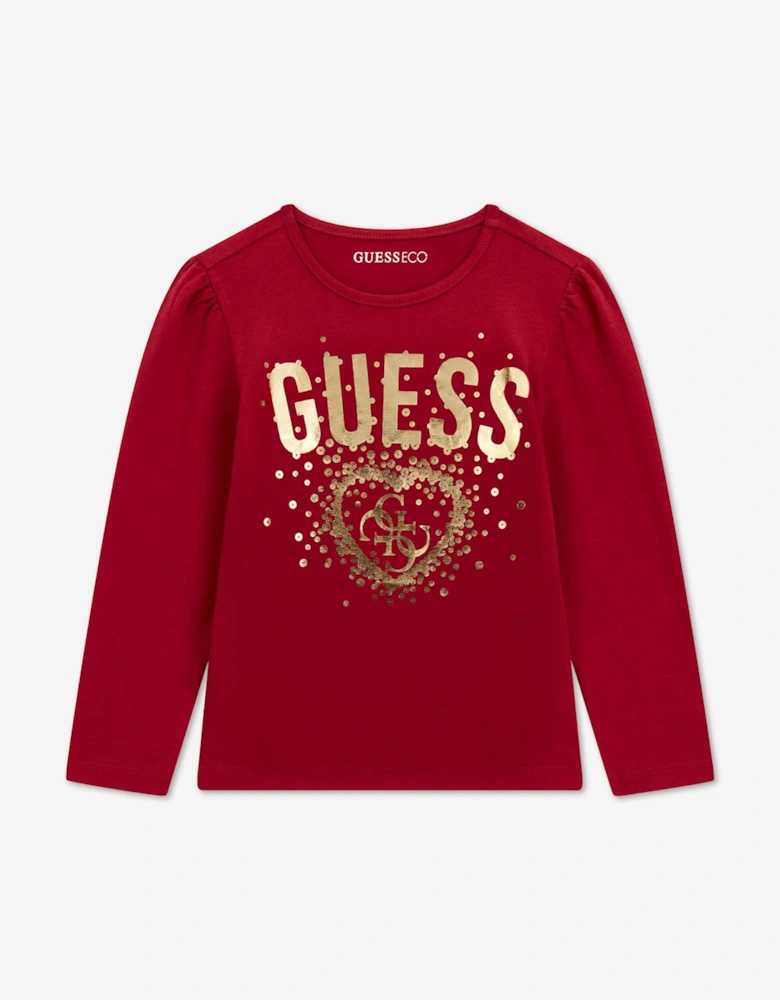 Guess Girls Long Sleeve Logo T-Shirt in Red