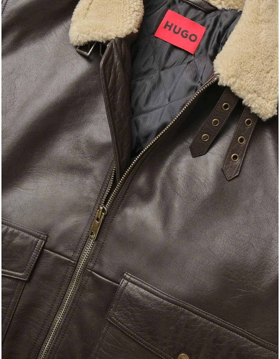 HUGO Lorano Leather Jacket 903 Brown Overflow