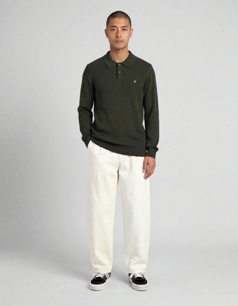 Waffle Knitted Long Sleeve Polo Shirt