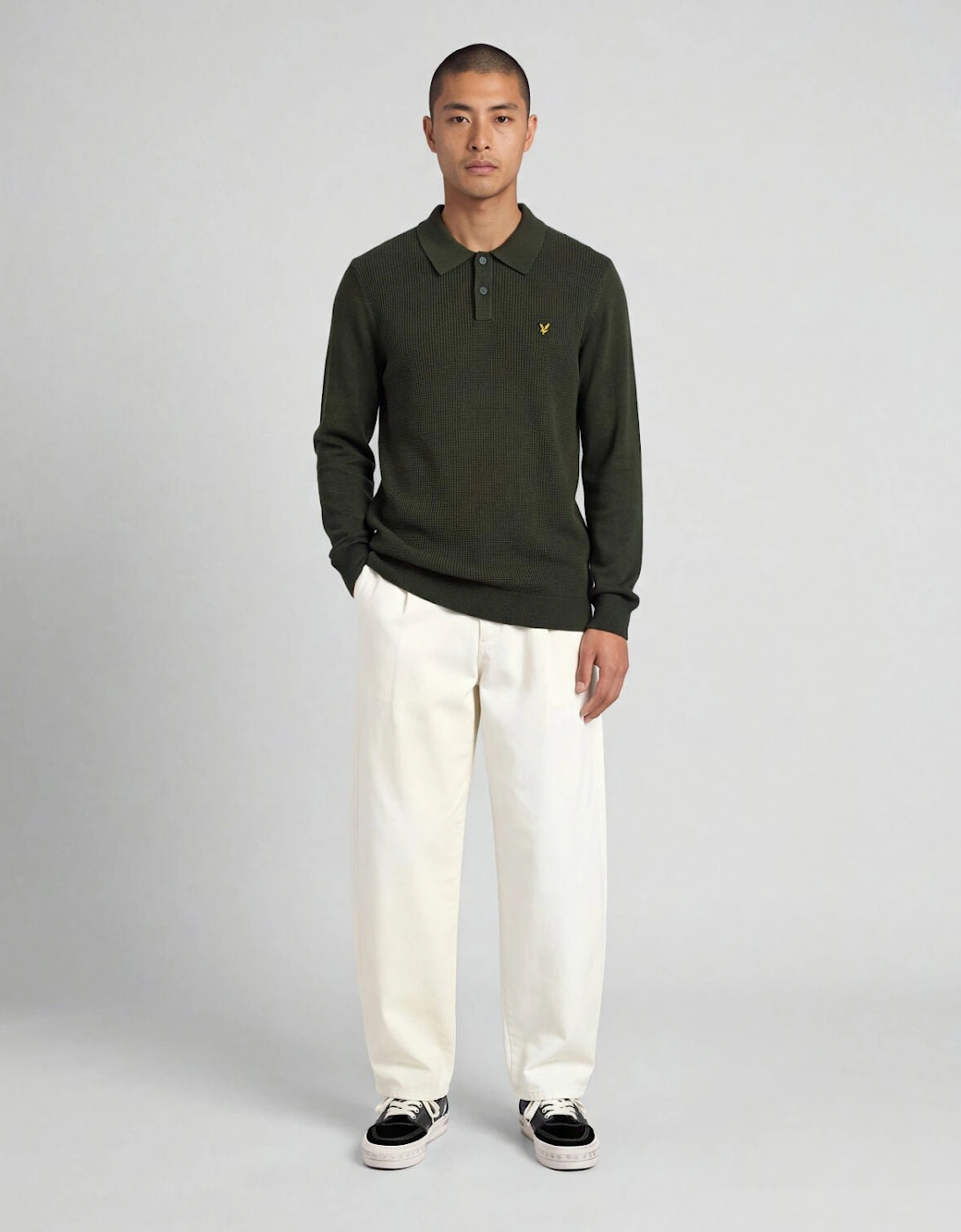 Waffle Knitted Long Sleeve Polo Shirt