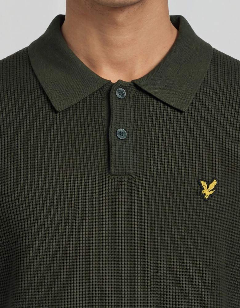Waffle Knitted Long Sleeve Polo Shirt