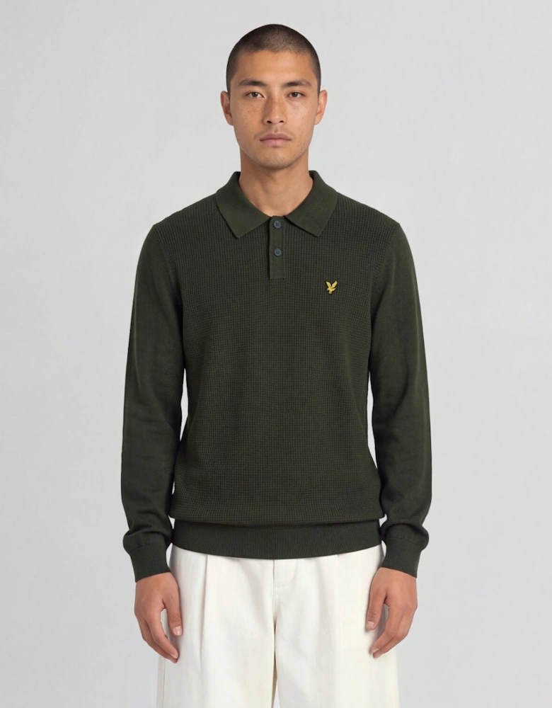 Waffle Knitted Long Sleeve Polo Shirt