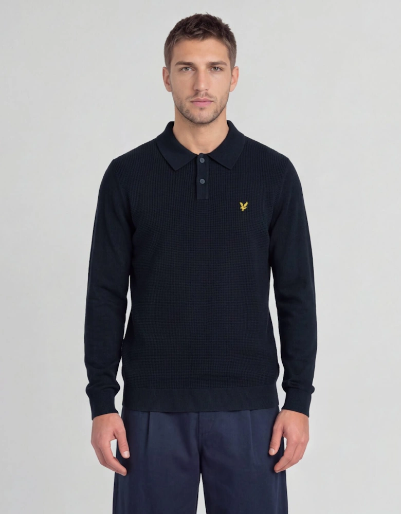 Waffle Knitted Long Sleeve Polo Shirt