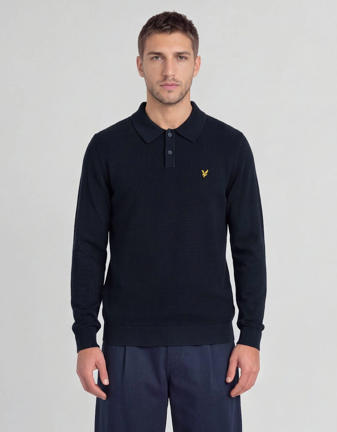 Waffle Knitted Long Sleeve Polo Shirt