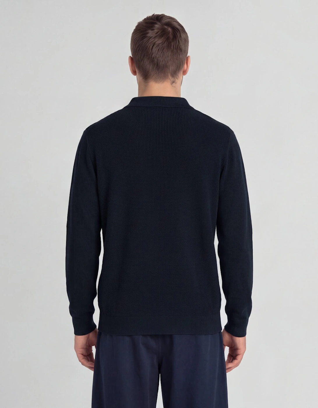 Waffle Knitted Long Sleeve Polo Shirt