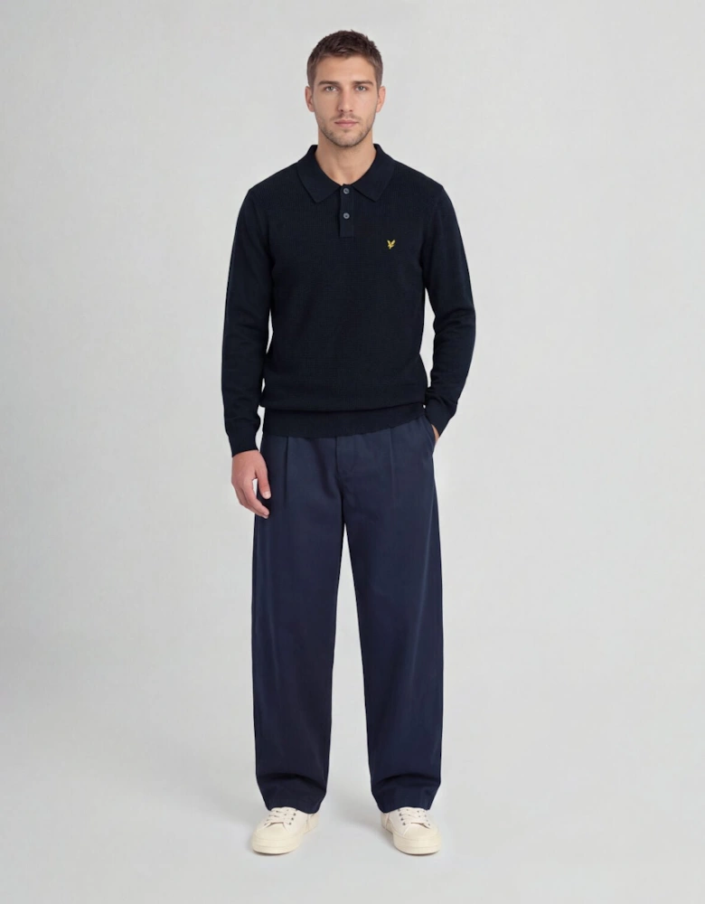 Waffle Knitted Long Sleeve Polo Shirt