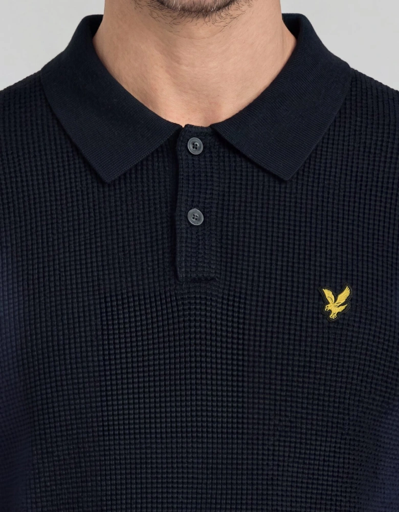 Waffle Knitted Long Sleeve Polo Shirt