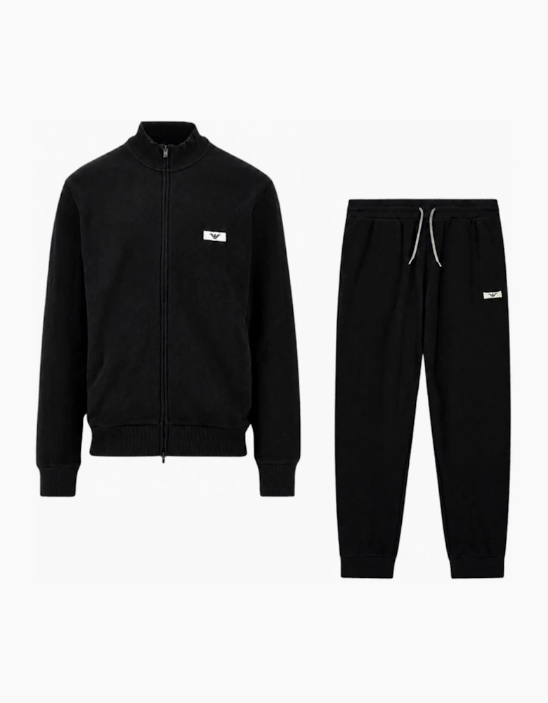 Funnel Neck Waffle Texture Black Tracksuit