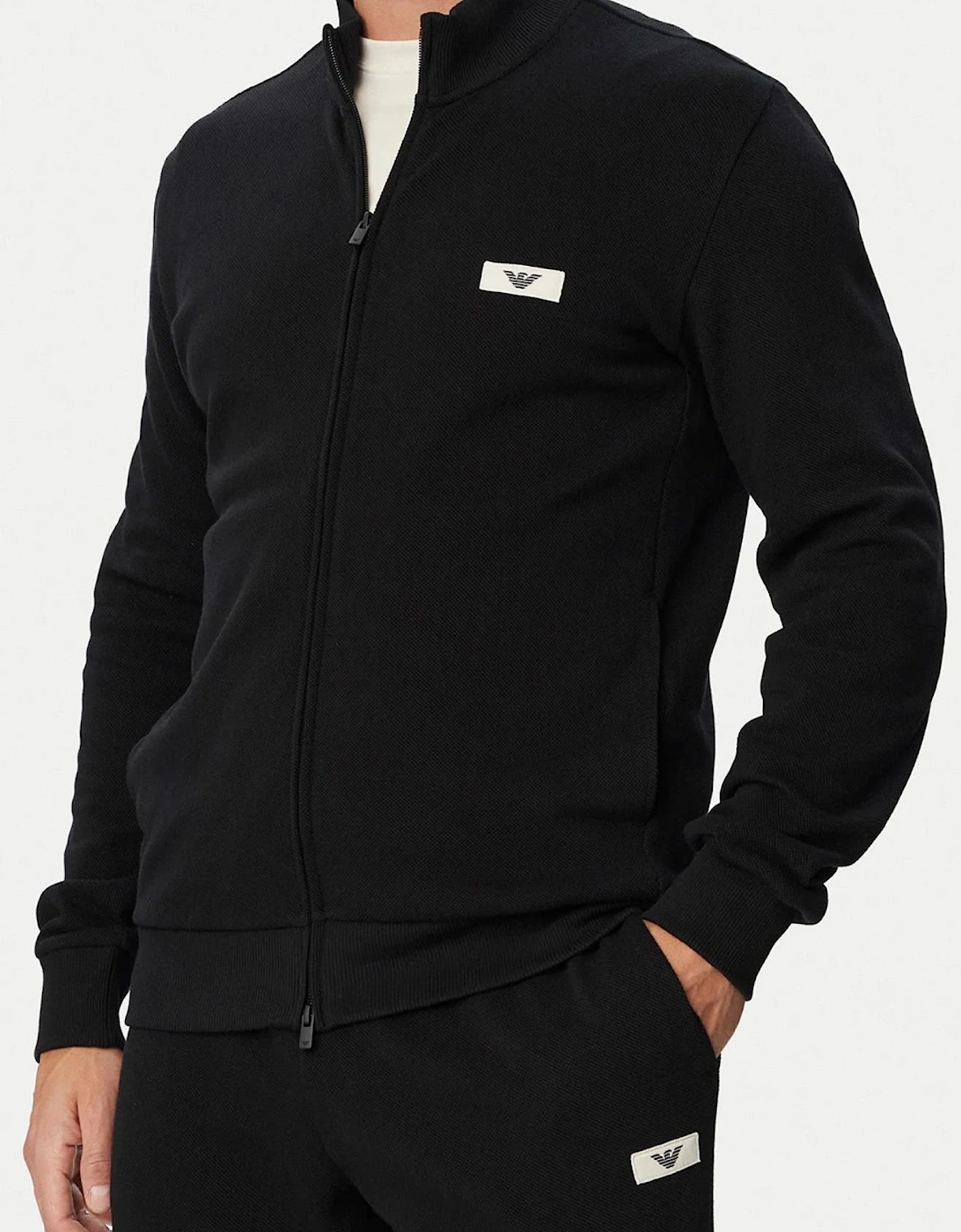 Funnel Neck Waffle Texture Black Tracksuit