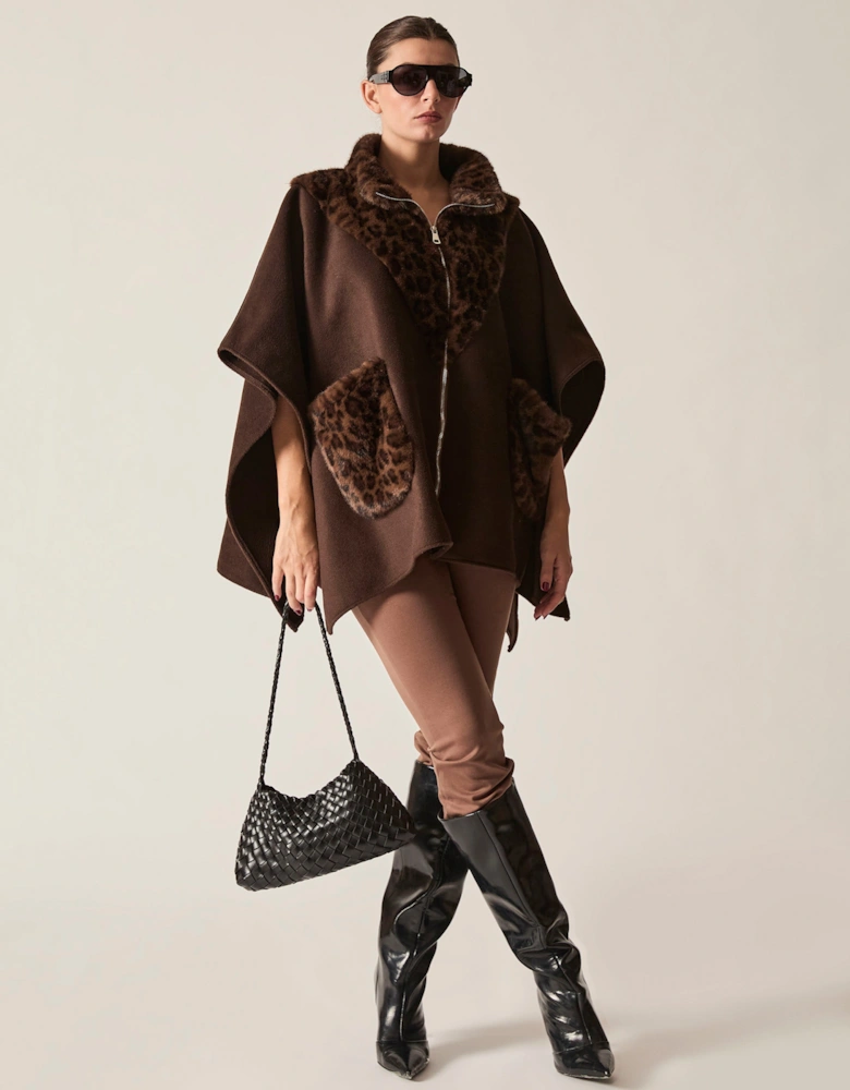 Brown Leopard Faux Fur Trim Cape