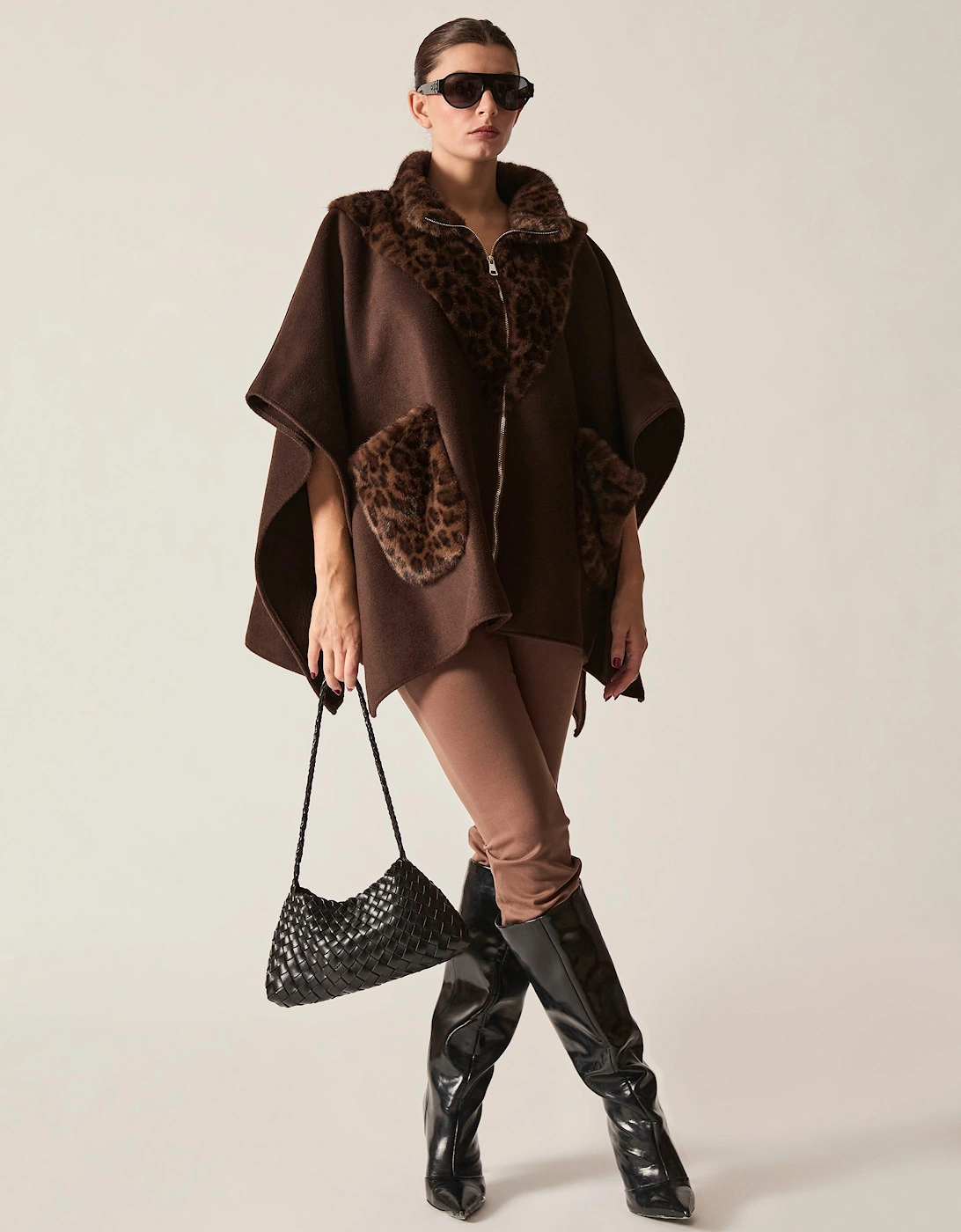 Brown Leopard Faux Fur Trim Cape