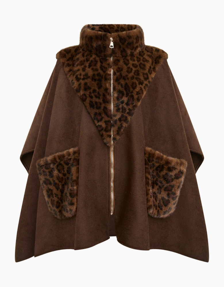 Brown Leopard Faux Fur Trim Cape