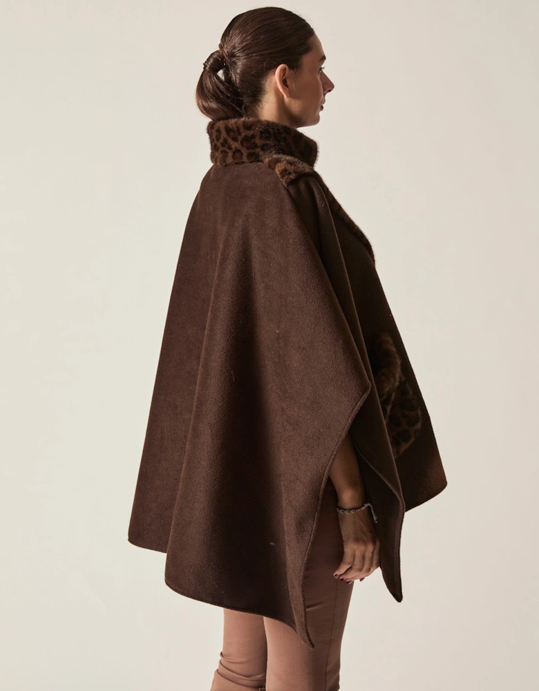 Brown Leopard Faux Fur Trim Cape