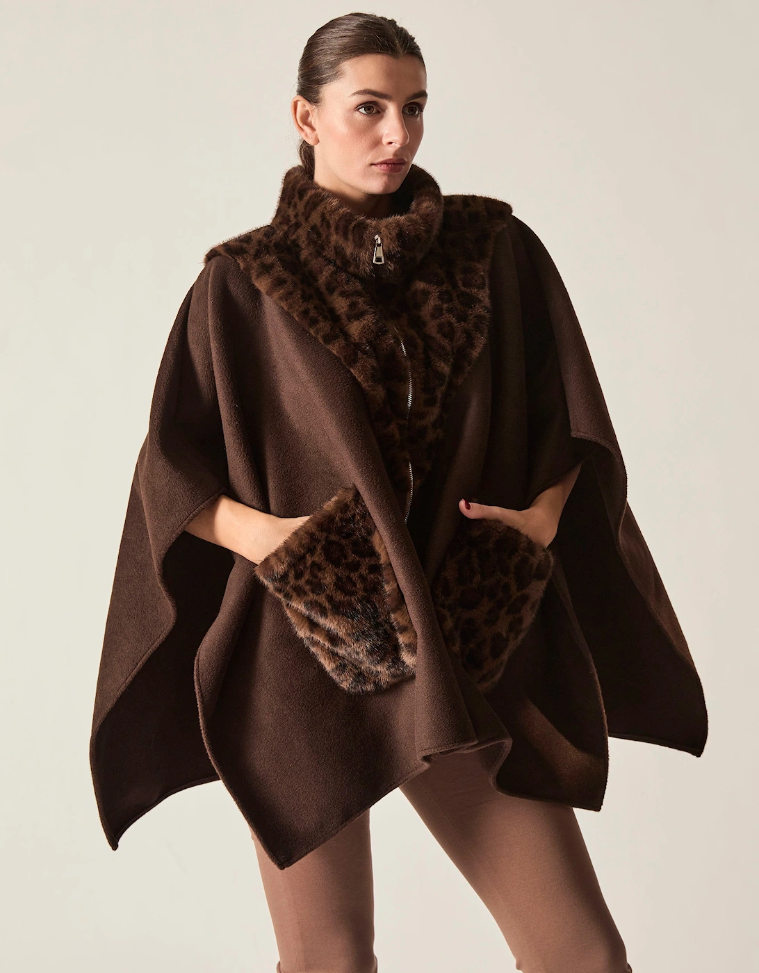 Brown Leopard Faux Fur Trim Cape