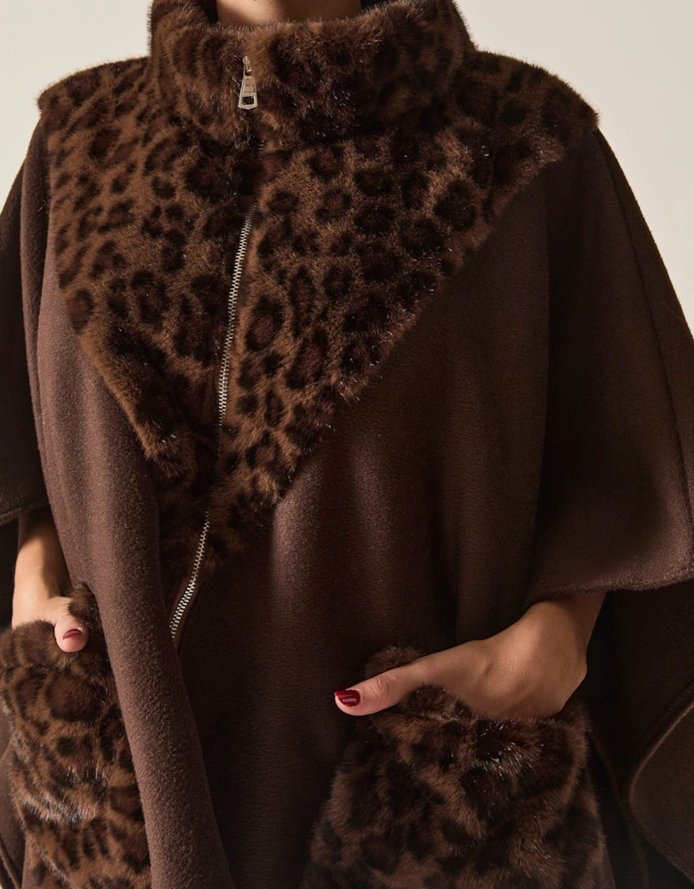 Brown Leopard Faux Fur Trim Cape