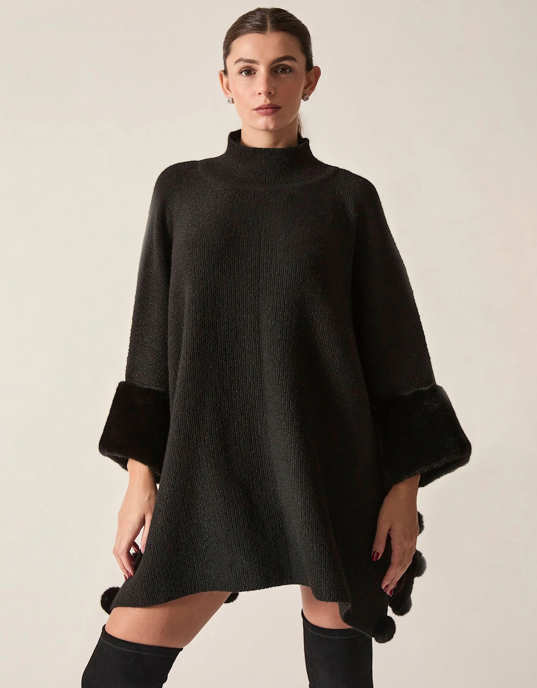 Black Pom Pom Faux Fur Knit Poncho