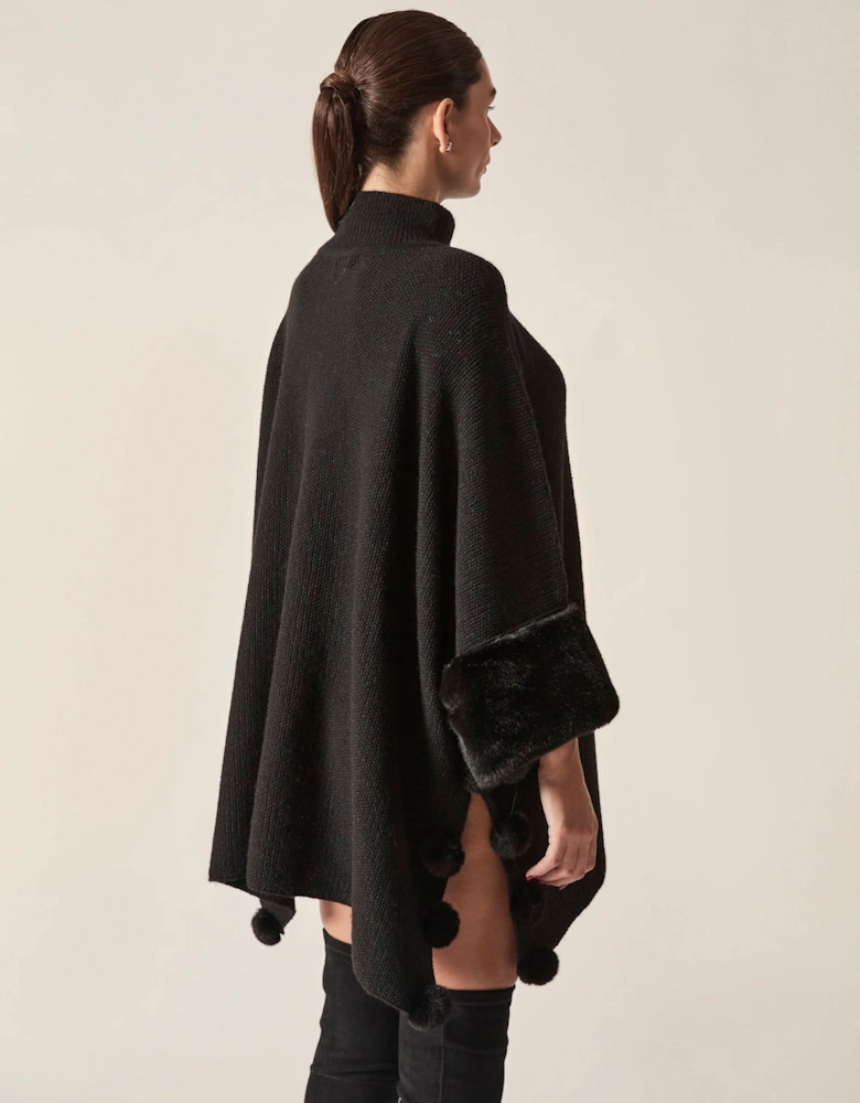 Black Pom Pom Faux Fur Knit Poncho