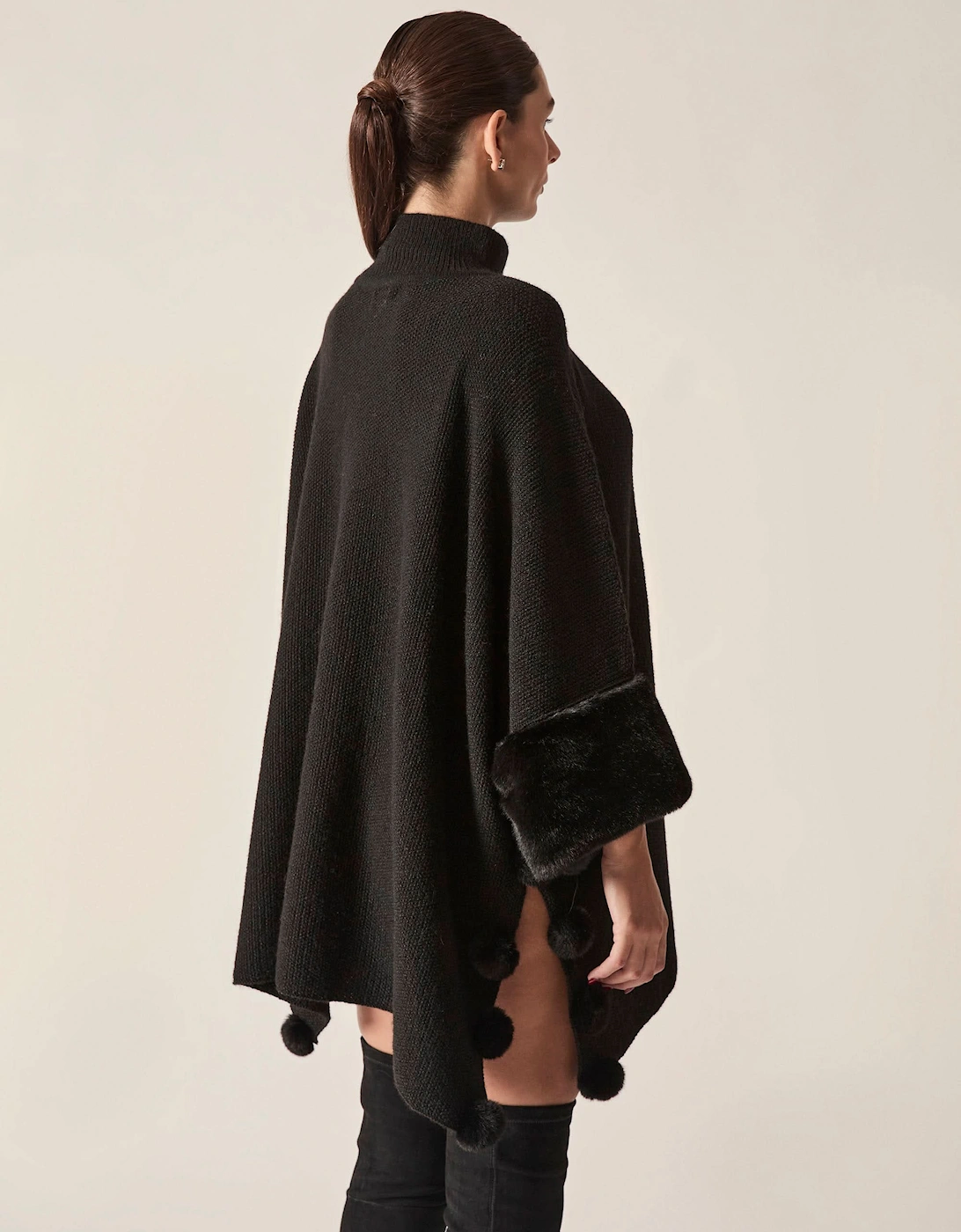 Black Pom Pom Faux Fur Knit Poncho