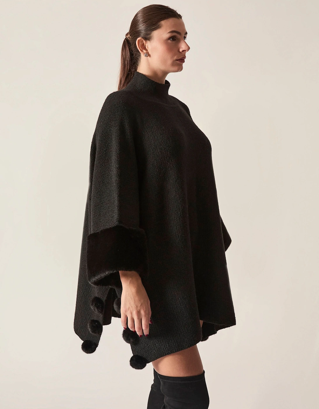 Black Pom Pom Faux Fur Knit Poncho