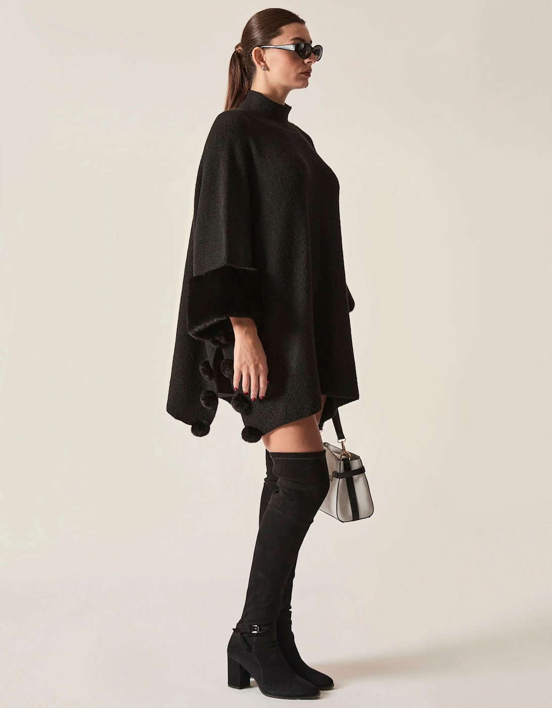 Black Pom Pom Faux Fur Knit Poncho