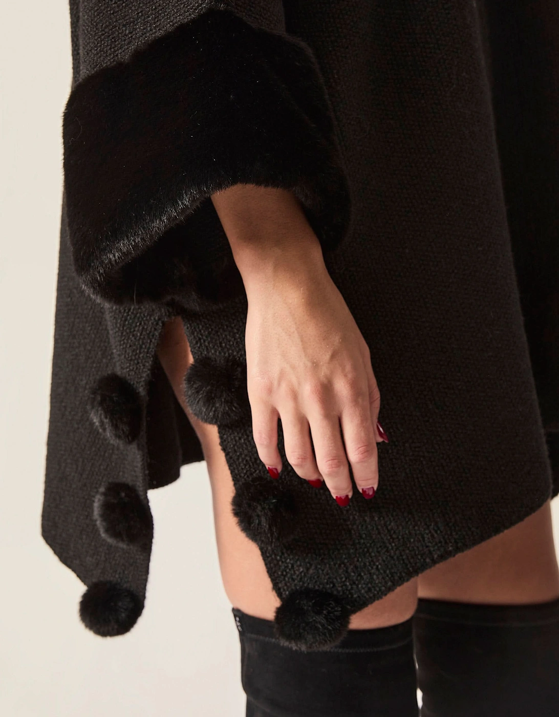 Black Pom Pom Faux Fur Knit Poncho