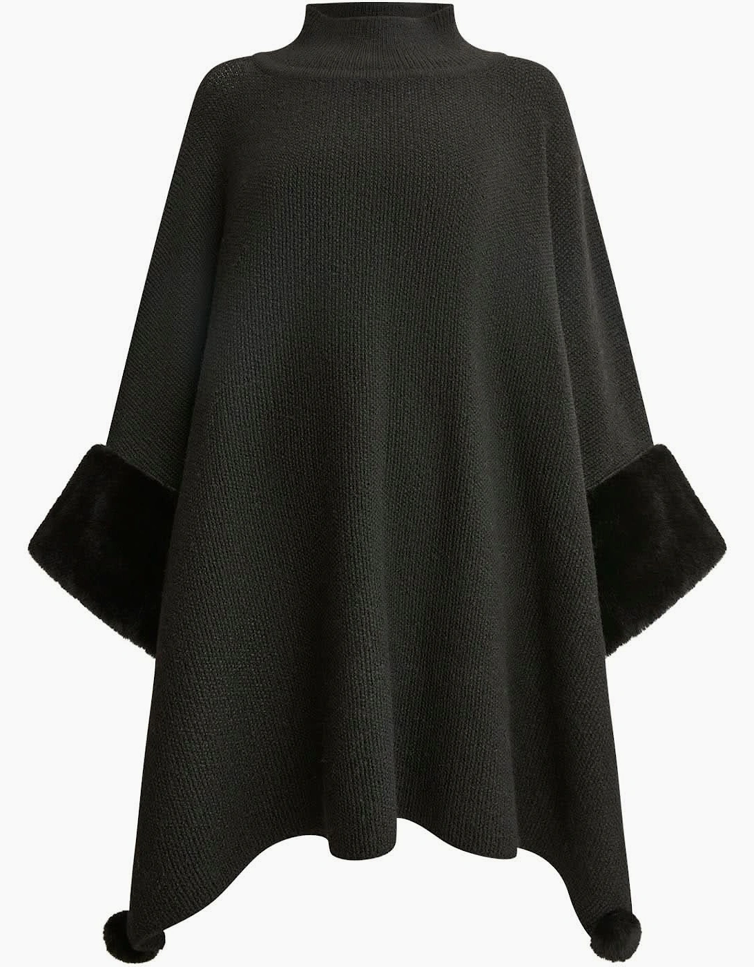 Black Pom Pom Faux Fur Knit Poncho