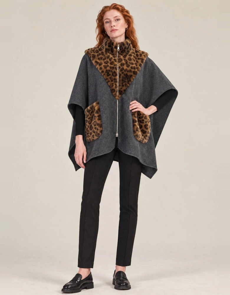 Grey Leopard Faux Fur Trim Cape